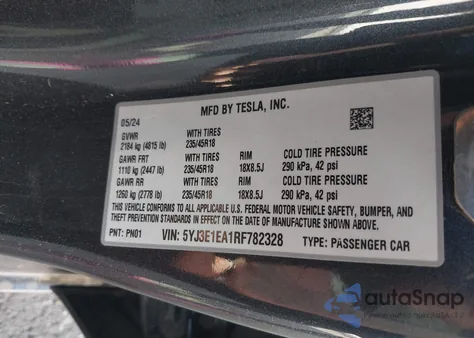 2024 Tesla Model 3 Long Range Dual Motor All-Wheel Drive/Rear-Wheel Drive from USA, damaged, VIN 5YJ3E1EA1RF782328